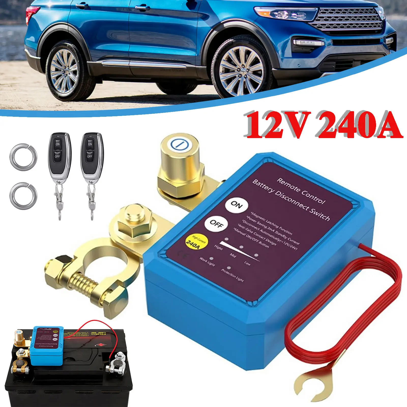 12V 240A Remote Battery Disconnect Switch - Car Battery Kill Switch for Auto RV ATV Marine Easy Installation