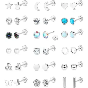 MILACOLATO 18 Pairs Silver Stud Earrings for Women Flat Back Earrings Surgical Steel Hypoallergenic 20G Helix Tragus Cartilage Earring Set Opal CZ Turquoise Sleeper Earring for Sensitive Ears, Cubic Zirconia, Elegant Earrings