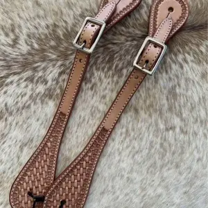 Pair Adult Size Basketweave Tooled Leather Western Spur Straps