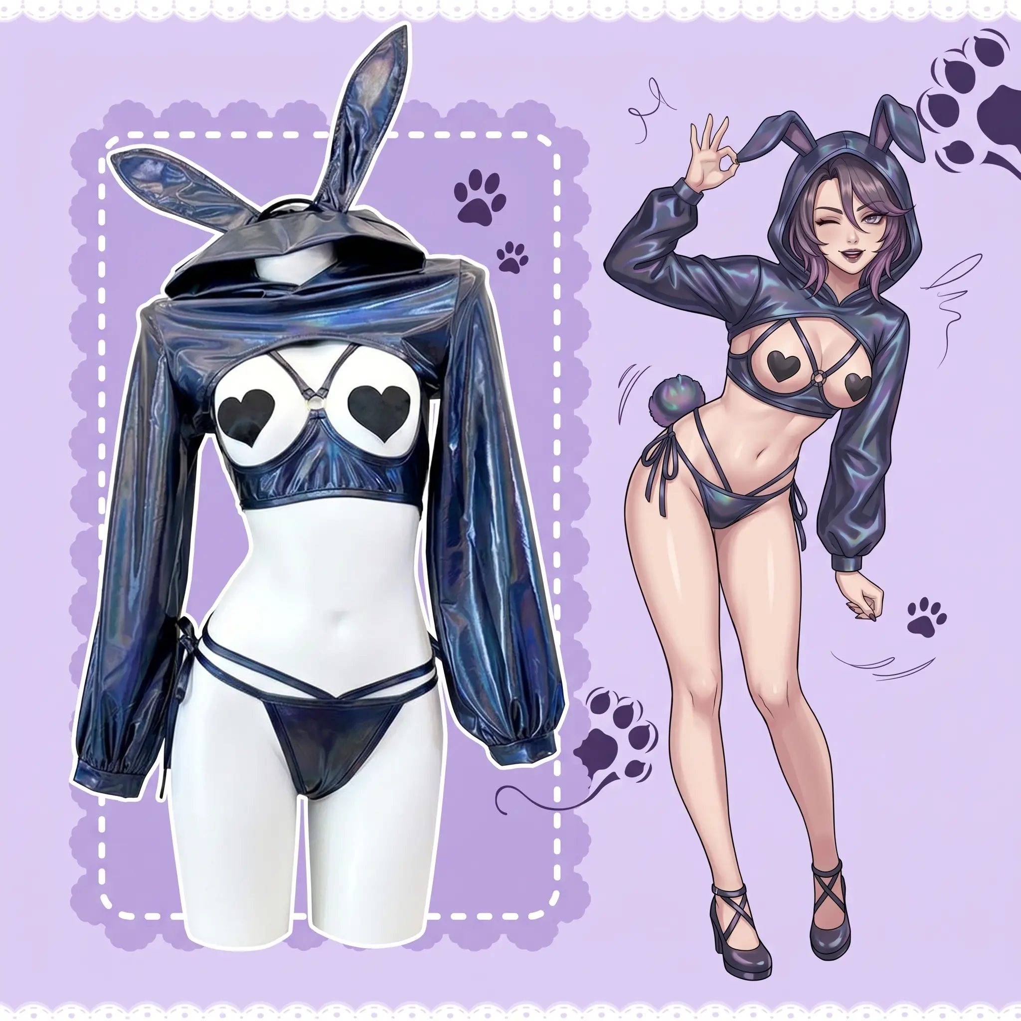 Moeveil Cyberpunk-Style Bunny Girl Cosplay Set: Sexy Anime Lingerie Set, Perfect for Cosplay or Cute and Sexy Party Loungewear—Includes Nipple Covers