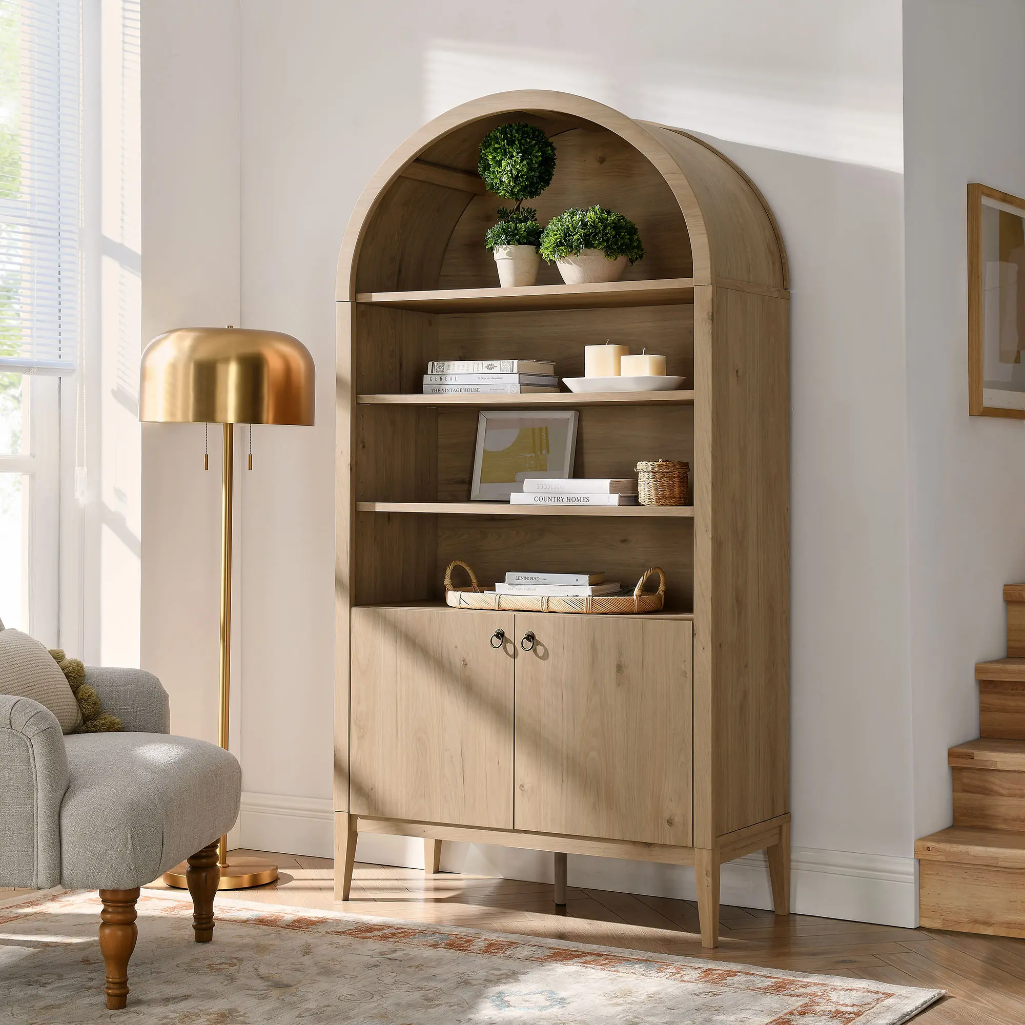 Nolan 74" Tall Arched Storage Display Cabinet Bookshelf - Light Oak Modern Farmhouse Furniture, Assembly Required for Living Room & Dining Area Indoor Cupboard