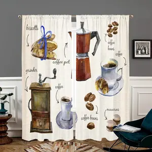 Coffee Pattern Curtain, 2 Counts/set Coffee Element Printed Curtain, Window Treatment, Home Decoration for Bedroom, Living Room, Study, Kitchen, Dining Room
