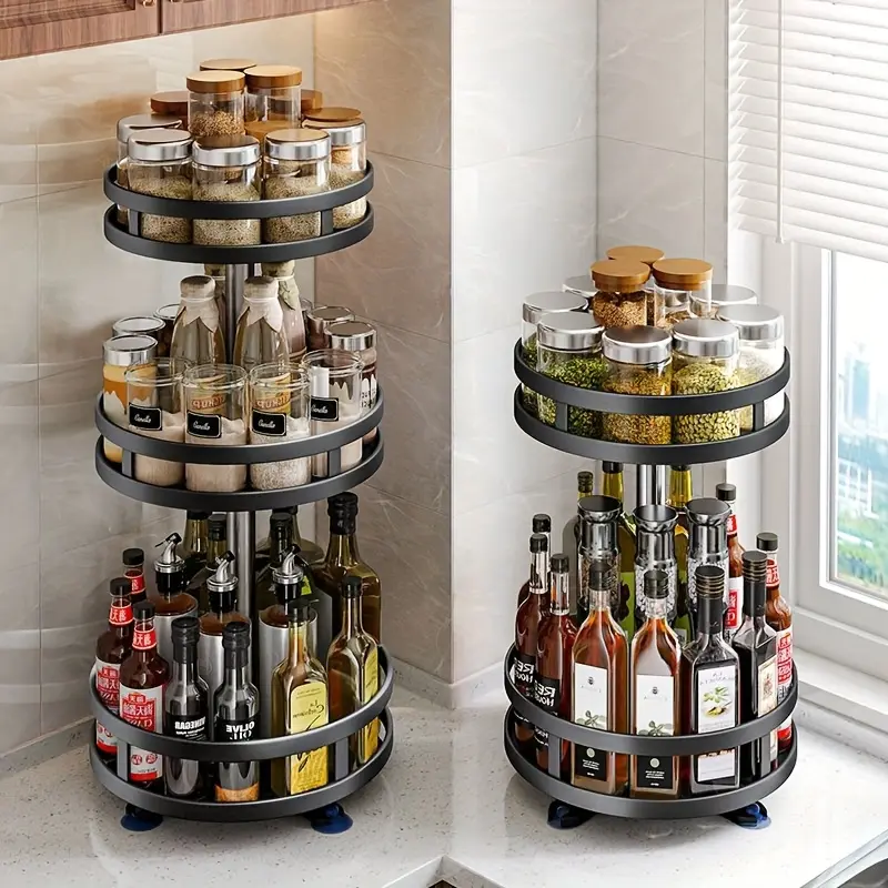 360-Degree Rotating Kitchen Organizer - Metal Spice Rack with Storage Containers for Seasonings, Oils, and Vinegar - Double/Triple Layer Options Kitchen Organization