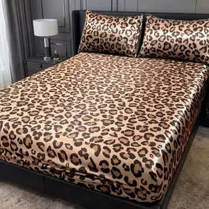 Cosybay Leopard Print Satin Fitted Sheet Set with pillowcases 2/3pcs, No Top Flat Sheet,Breathable Moisture Wicking Silky Smooth Bed Sheets with Deep Pocket Fitted Sheet & Pillowcases, Available in Twin, Full, Queen, King Sizes for Bedroom RV Hotel summer
