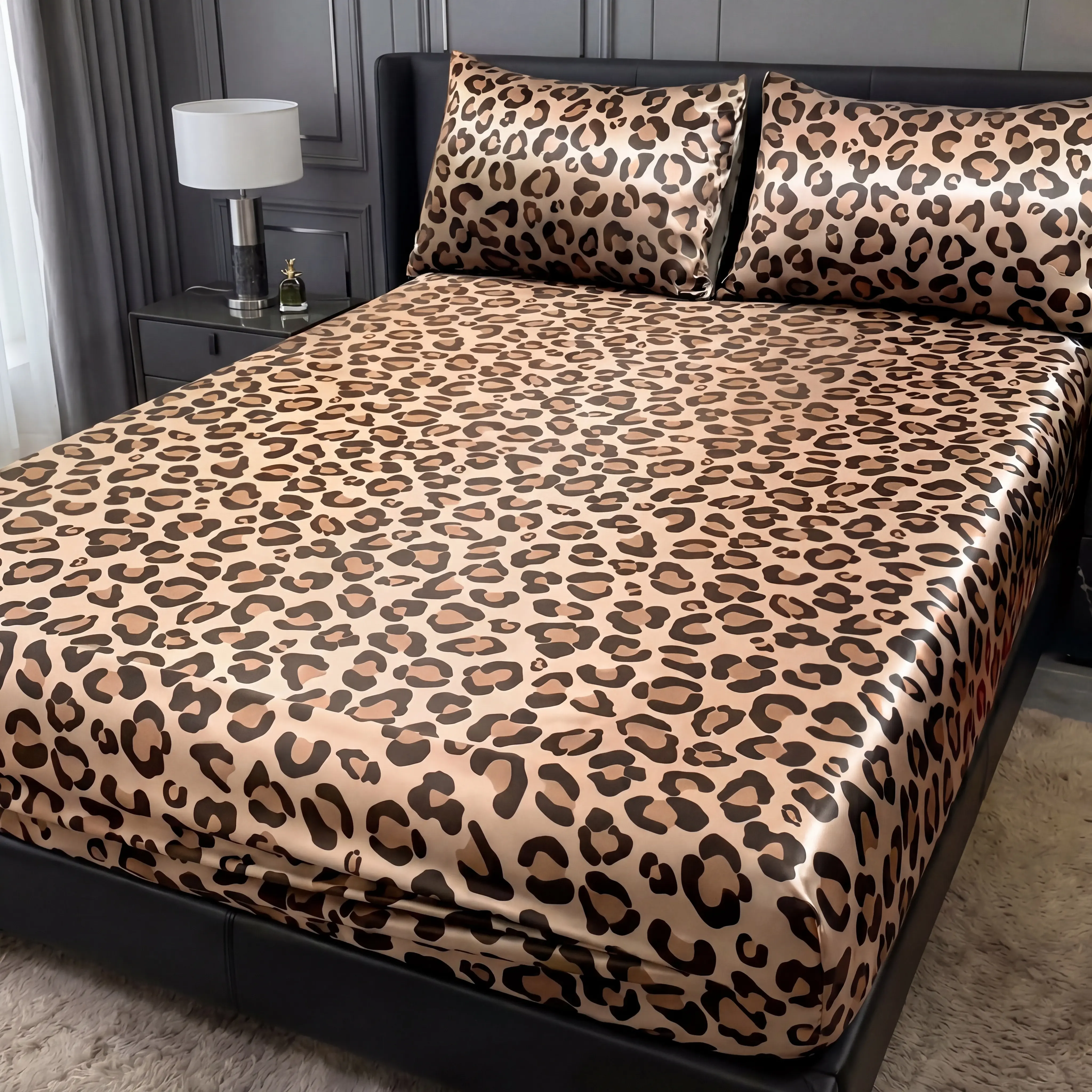 Cosybay Leopard Print Satin Fitted Sheet Set with pillowcases 2/3pcs, No Top Flat Sheet,Breathable Moisture Wicking Silky Smooth Bed Sheets with Deep Pocket Fitted Sheet & Pillowcases, Available in Twin, Full, Queen, King Sizes for Bedroom RV Hotel summer