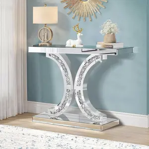 Silver Mirrored Console Table with Crushed Diamond Inlay, 39.4'' Long Glass Entryway Sofa Table, C-Shaped Base Modern Accent Narrow Table for Living Room, Hallway, Foyer, Entrance