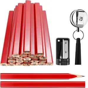 24 Pcs Carpenter Pencils, 7 Inches Construction Pencils Flat Octagonal Hard Black Woodworking Heavy Duty with Retractable Pen Holder and Sharpener for Contractor Carpentry(Red)