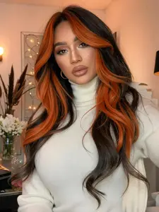 Fashionable New 13x5x1 Lace Front Wigs 28 Inch Long Wavy Black Wigs with Orange Highlights Synthetic Wigs for Women Suitable for Daily Use, Dance Parties or Cosplay Taking Photos