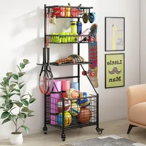 Black Garage Sports Equipment Organizer System Ball Gear Outdoor Toy Storage Rack with Baskets Hooks and Wheels Rolling Basketball Racks for Balls Metal Room