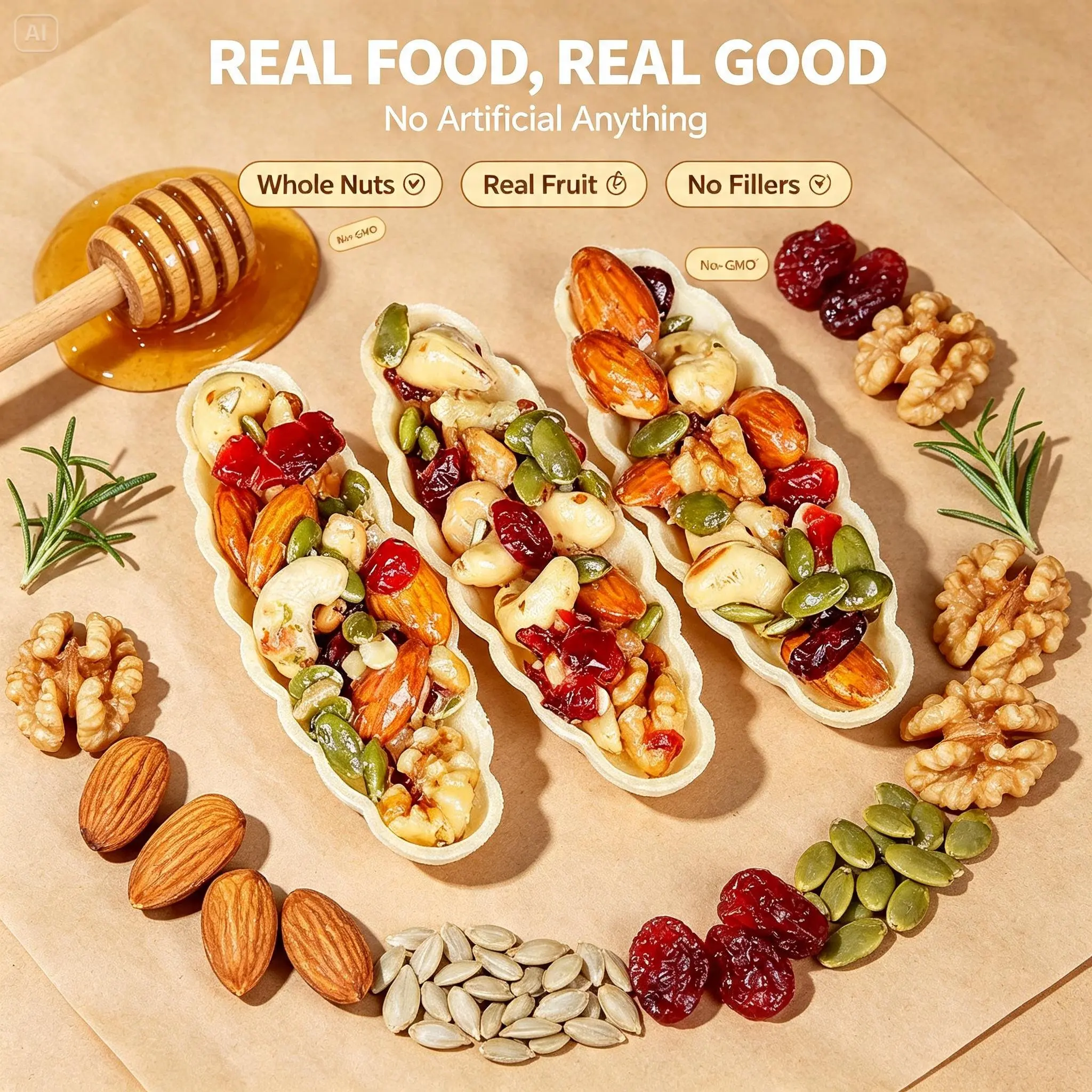 8 treasures. One crunchy bite.-Packed with nuts, seeds, and sweet cranberries.