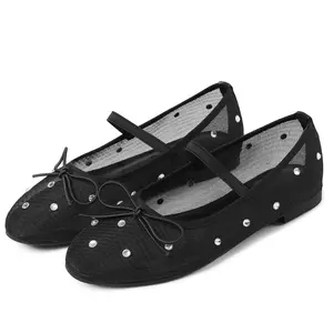 CELNEPHO Mesh Ballet Flats for Women Stretch Band Round Toe Ballerinas Slip On Mary Jane Shoes Work Daily Wear Gift Party Cute Dress Shoes