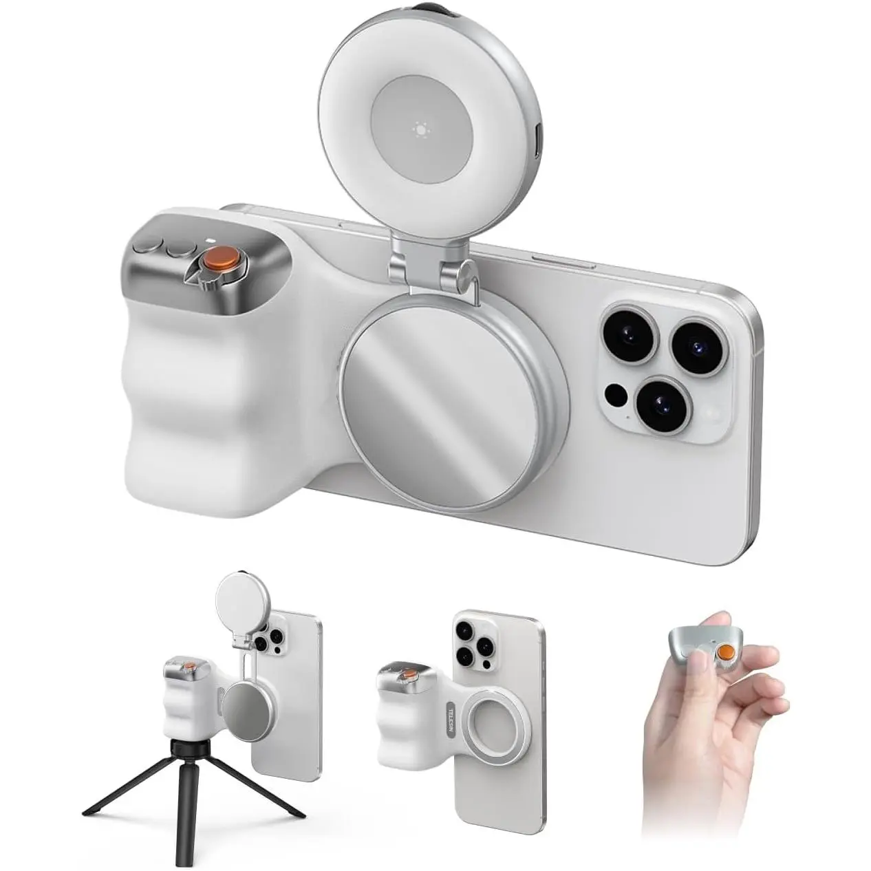 All-in-One Magnetic Phone Grip with Selfie Light & Bluetooth Remote | 360° Rotating Camera Handle with Tripod Mount