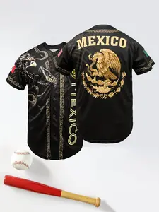 Men's "MEXICO" Embroidered Baseball Jersey, Casual Short Sleeve V Neck Baseball Shirt, Breathable Button Front, Unisex Outdoor Sports Wear, Athletic Tops