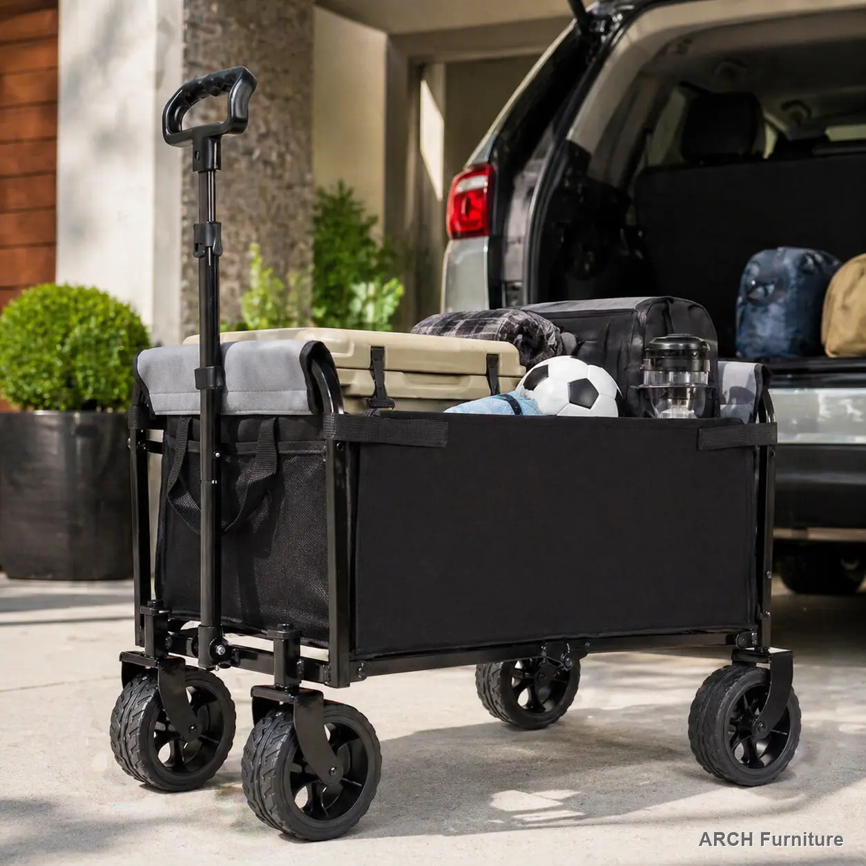 ARCH All-Terrain Convertible Trolley - Outdoor Steel Frame Wagon with 5x2in Wide Wheels, Foldable Design, Full-Side Opening, Dog Leash, Seating, Storage, 13.45 lbs, 220lb Capacity, 29.00x18.00x39.00in for Camping, Beach, Parks (for Adults, Kids)