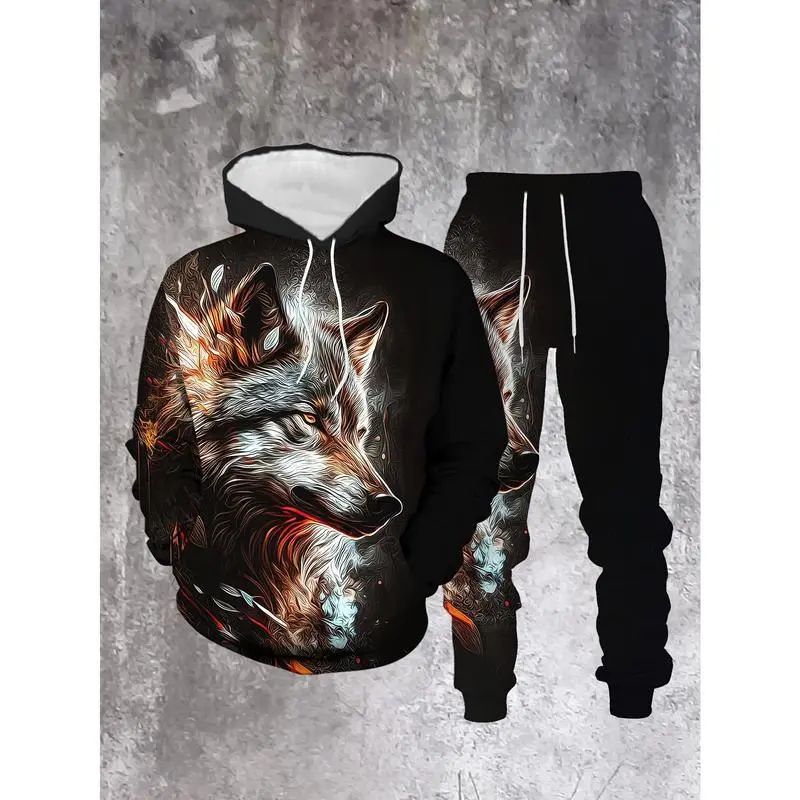 Men's wolf print hoodie and sweatpants set - casual streetwear, polyester blend, machine washable - perfect choice for spring and autumn seasons Men's wolf print hoodie and sweatpants set - casual streetwear, polyester blend, machine washable - perfect choice for spring and autumn seasons