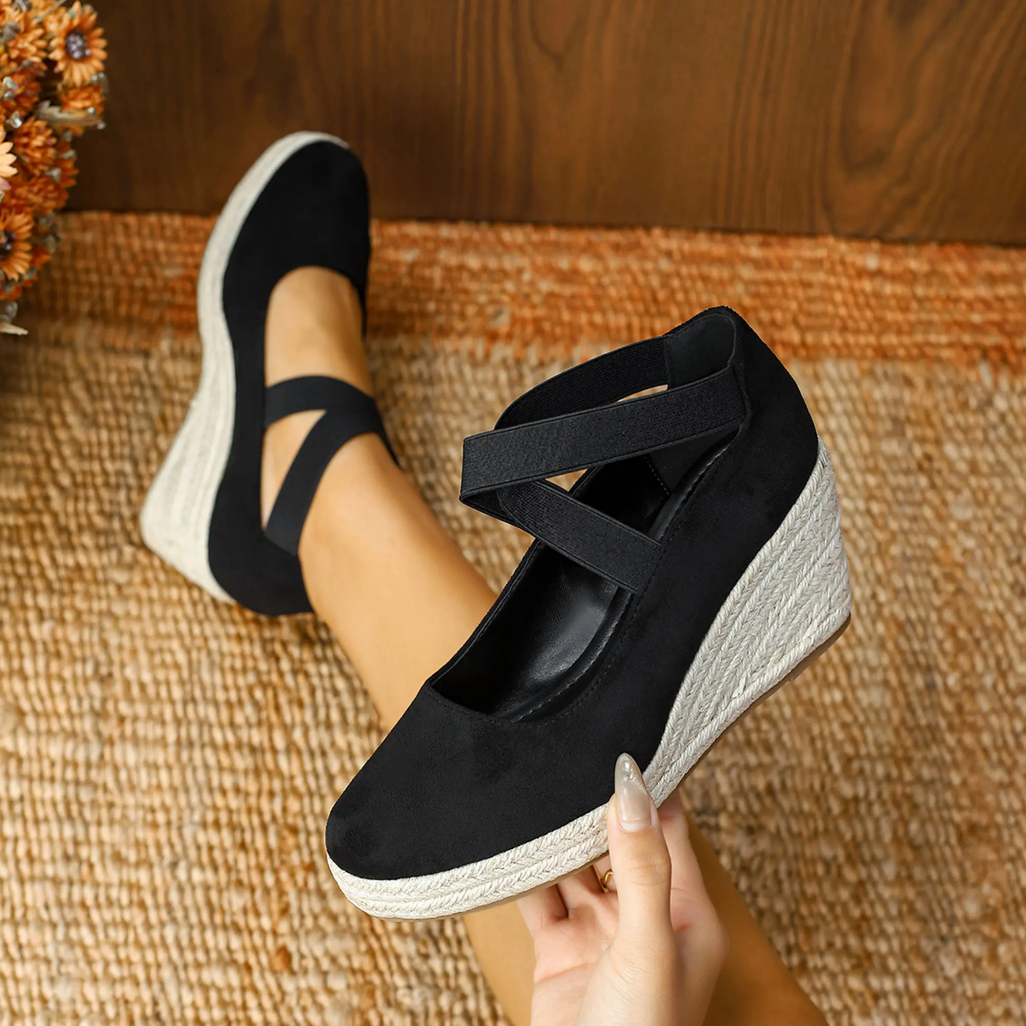 Espadrille sandals for women, closed toe platform shoes with elastic ankle strap, casual comfortable wedge sandals