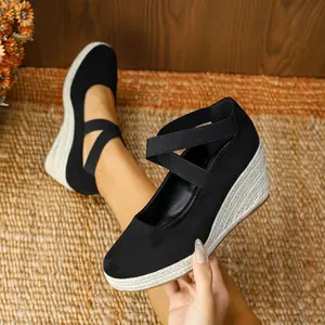 Espadrille sandals for women, closed toe platform shoes with elastic ankle strap, casual comfortable wedge sandals