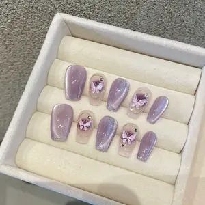 YR 20 Sets Handmade Press on Nails – Selectable Size & Length, Random Assorted Styles, Iridescent Glitter Butterfly & Sparkling Accents, Long Lasting Reusable for Any Occasion