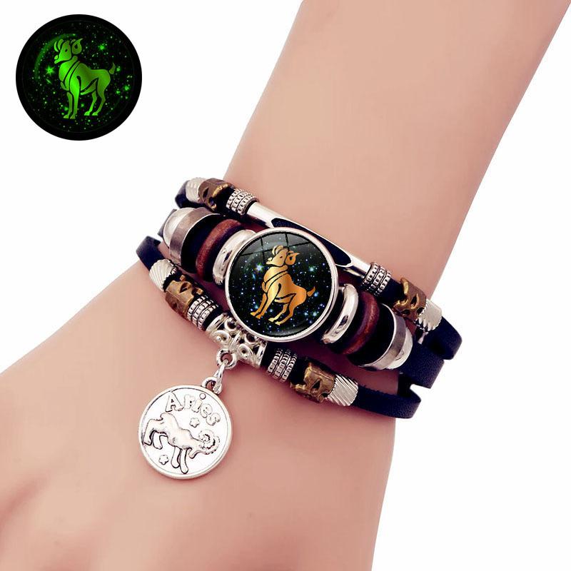Luminous 12 Zodiac Signs Leather Bracelet — Unisex Gift, Commemorative, Handmade, Multi-Layer Beaded Wristband & Creative Jewelry