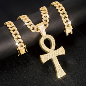 MaxBling81 Men's Hip-Hop Large Egyptian Ankh Cross Pendant Necklace, Iced Gold/Silver-Plated CZ Charm, 20-in Iced Cuban Chain, Costume Jewelry for Anniversary, Daily Wear, Ankh Necklace, Ankh Necklaces, Dangle Chain Necklaces
