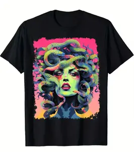 Men's Plus Size Medusa Graphic T-Shirt - Soft Cotton, Vibrant Snake & Woman Design, Casual Short Sleeve Tee for Halloween & Christmas, S-4XL, PLUS SIZE streetwear style  Printed Round Neck T-Shirt