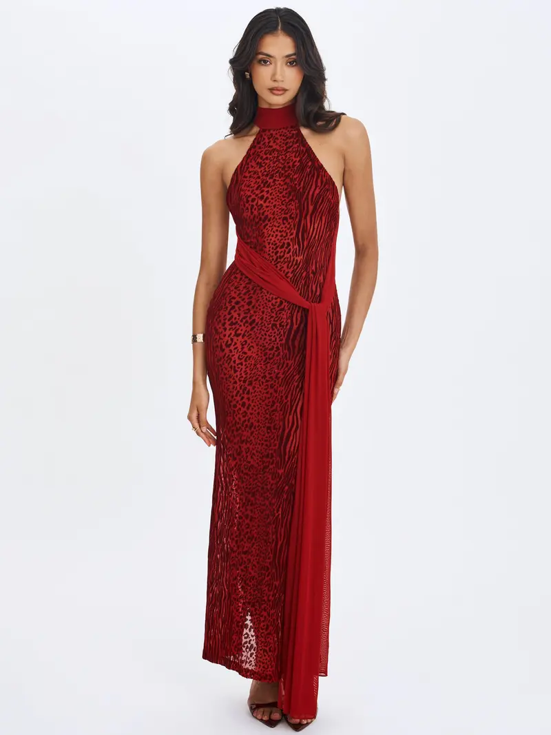 knee length dresses for ladies Cecily | Port Velvet Bardot Maxi Dress with Velvet Ruffle Trim main image 1
