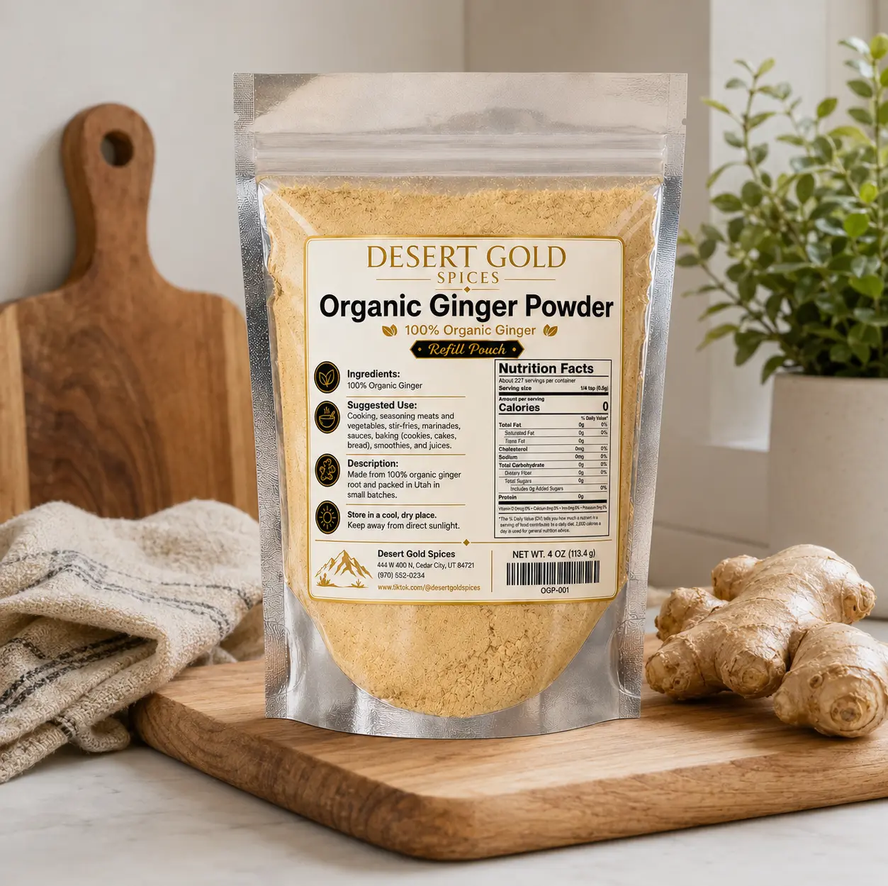 Desert Gold Spices Organic Ginger Powder - 4 oz (113.4g) Refill Pouch, 100% Organic Culinary Root Spice with Rich Flavor Dried  Vegetable