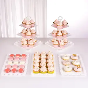 5 count Cake Stand Set with 2 x Large 3-Tier Cupcake Stands, 3 x Appetizer Trays, for Wedding Birthday  Shower  Party Decorations (White)