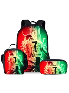 Football Player Pattern Printed 17-inch Backpack for School Three-piece Set (Single-layer Backpack + Shoulder Strap Lunch Bag + Single-layer Pencil Bag)