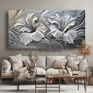 2D Flat Canvas Wall Art 2D Flat Silver Floral Art Modern Abstract Painting Framed Photo Living Room Bedroom Office Home Decor High Quality Print on Canvas Wall Decor Ornaments Decoration