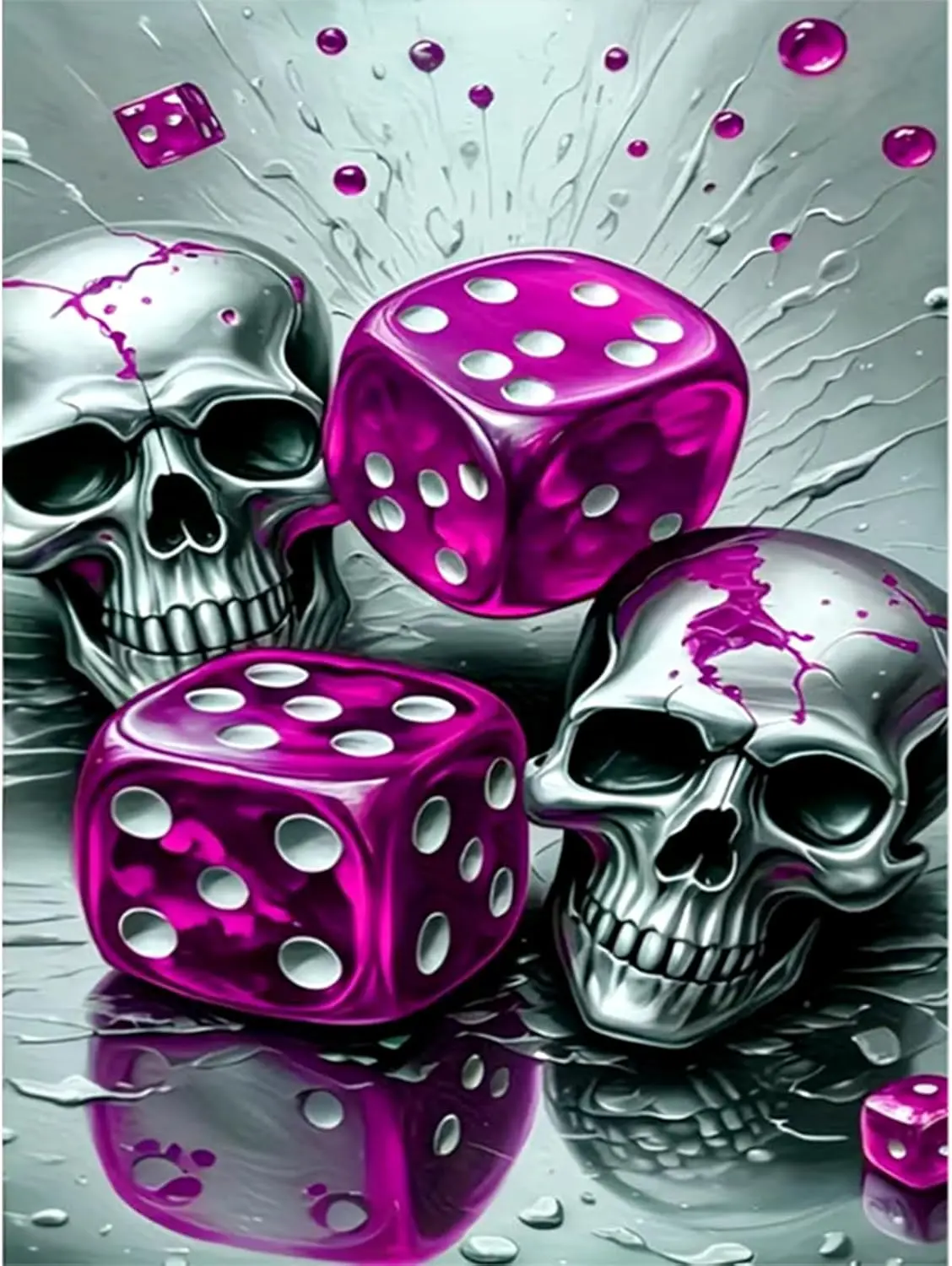 5D Diamond Painting Metallic Silver Skull Purple Dice Splash Water Reflection Modern Gothic Crystal Rhinestone Canvas Wall Decor Gift