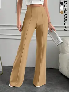 New Elegant High Waist Slim Fit Solid Casual Fashion Chic Women's Bell Bottom Flared Pants, Stretchy and Comfortable, All Seasons Wear, Plain Pattern, Fitted