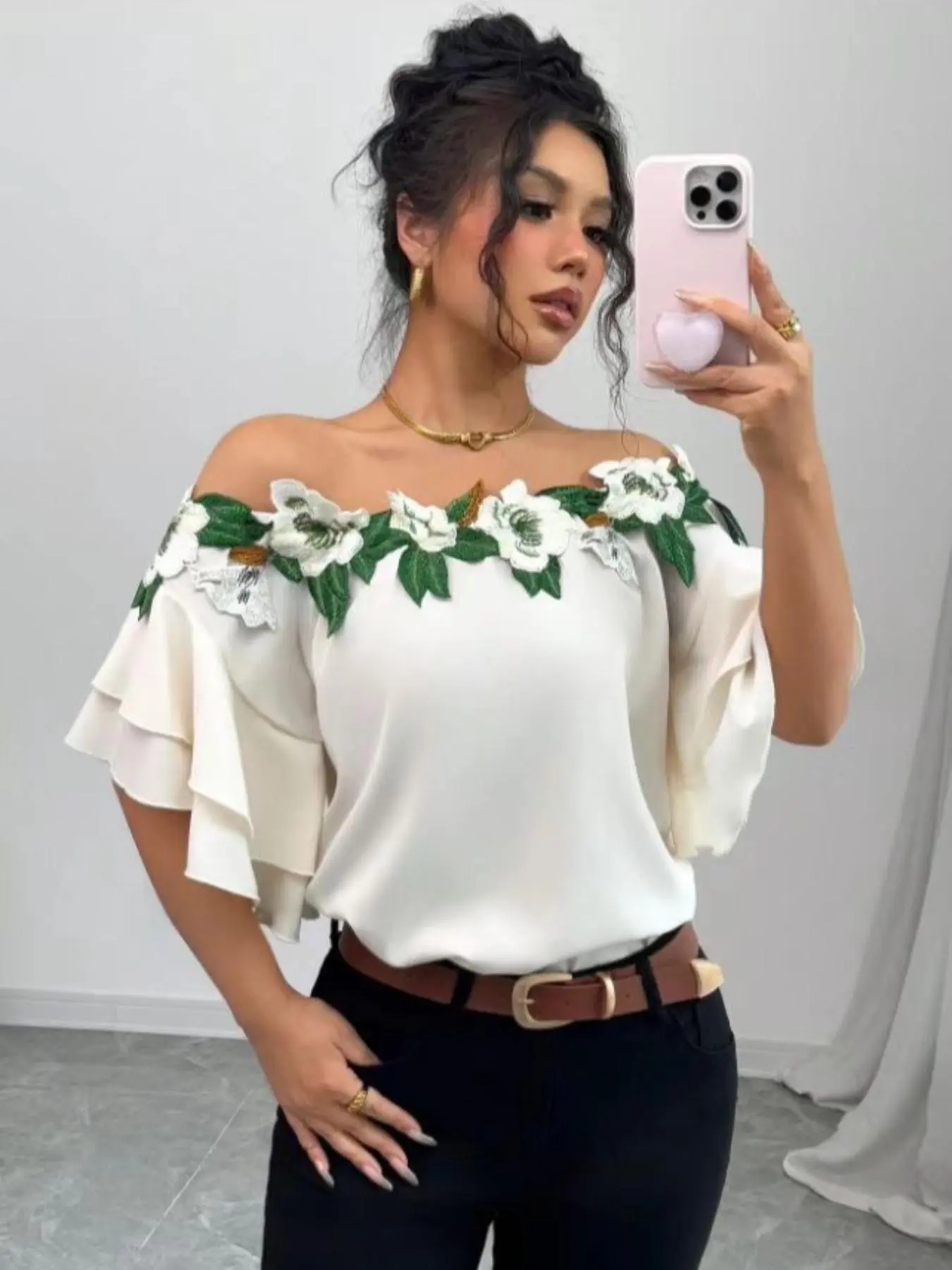 Women's Floral Embroidery Off the Shoulder Kimono Sleeve Blouse, Casual Elegant Fashion Top for Summer, Women's Clothing for Daily Wear, Womenswear