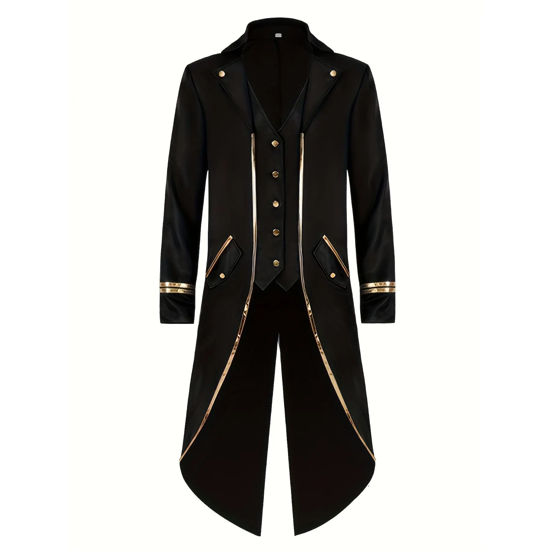 Men's Vintage Retro Punk Tuxedo Coat - Plain Black Polyester Formal Wear with Golden Trim & Lapel, Long-Sleeve Holiday Historical Costume for Halloween, Stage Performances, Evening, Historical Costumes, Multi-Size, Xxxl, Menswear