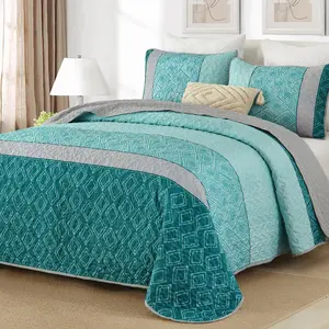 Teal Quilt Set,Boho Bedspread  Size,Blue Sriped Plaid Bedding Set Soft Microfiber Quilt with 2 Pillow Shams 96"x90"