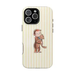 Cute Curious George Hugging Cat Phone Case - Cream Striped Design |   Perfect Gift for Pet Lovers & Curious George Fans,phone Case Suitable for Iphone 11/12/13/14/15/16/17 Pro Promax Plus Air and Samsung S22/S23/S24/S25 Plus Ultra Fe, Gift for Her, Access