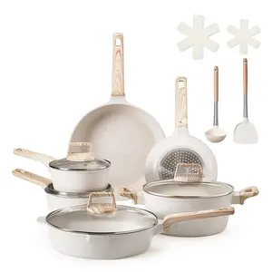 VEVOR 17 Piece Pots and Pans Set, Granite Nonstick Cookware Set, Induction Cookwares, Kitchen RV Cooking Sets with Frying, Sauce, Saute, Tempered Glass Lids, and Pan Protectors, White