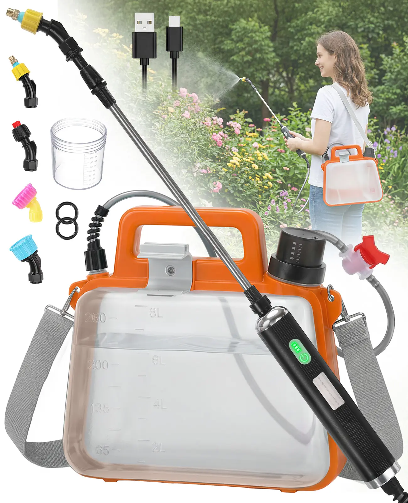 Electric Garden Sprayer 2.1 Gallon, Battery Powered USB Rechargeable Handle w/Indicator, 4 Spray Nozzles, Shut-Off Valve, Retractable Wand, Adjustable Strap, Plant Mister for Lawn Garden