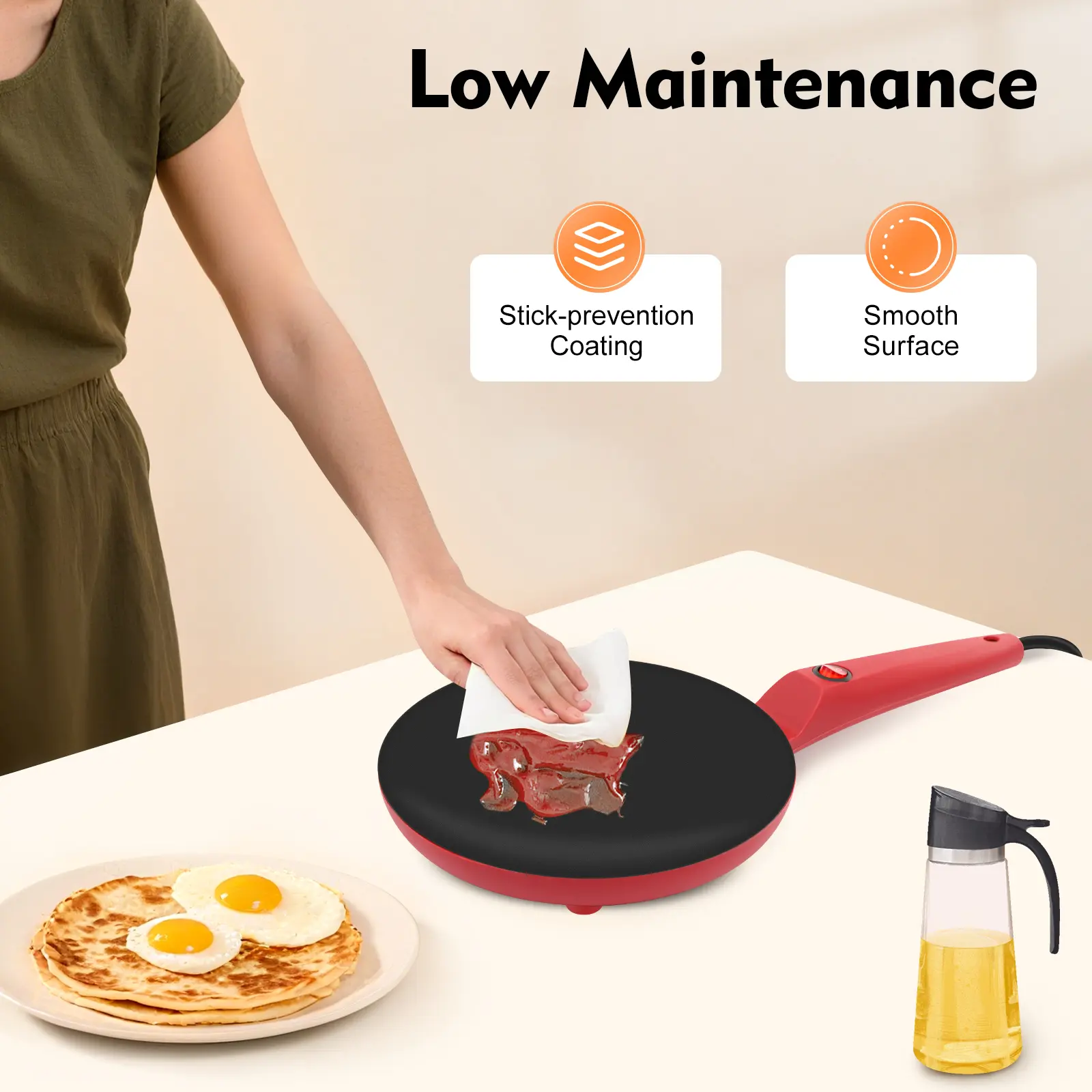 8 in Round Non-Stick Pancake Maker Machine - 550W Corded Crepe Making Machine with Handle, 110V 2025 Trending Cookware for Home Bakery, Snack Bar Use
