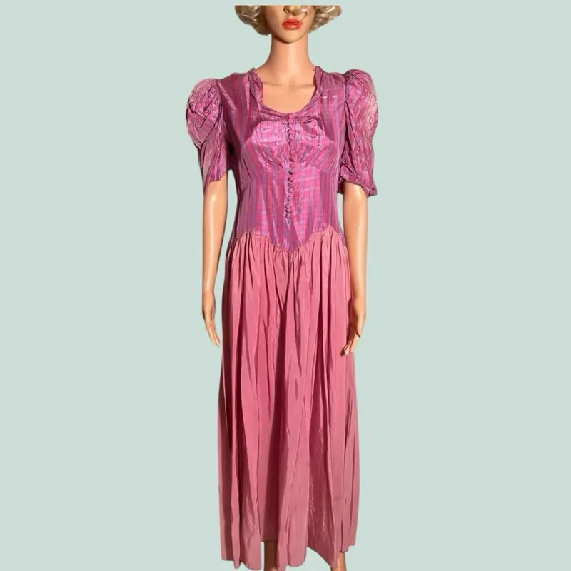 Authentic 1930s Vintage Liquid Taffeta Dress | Rare Antique Pink Plaid Evening Gown | Old Hollywood Glamour | Size 34w