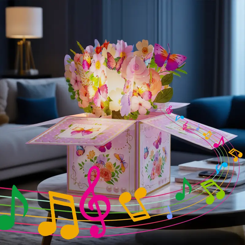 【Valentine's Gift】Musical Flower Card  /3D Pop-Up Butterfly Flower Bouquet Greeting Card for Women - Singing Birthday/anniversaryPop Up Card with Dancing Lights Music 3D Happy Birthday Gifts for Women, Wife, Mom, Grandmother Pastel Color