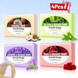 4 Pieces Handmade Coconut, Tea Tree, Lavender, Rose Soap, Natural Bar Soap, Gift Set, Contains Coconut Shell, Tea Tree, Lavender, Rose Extracts, Suitable For Facial, Hand, Hair, Body Cleansing -100g