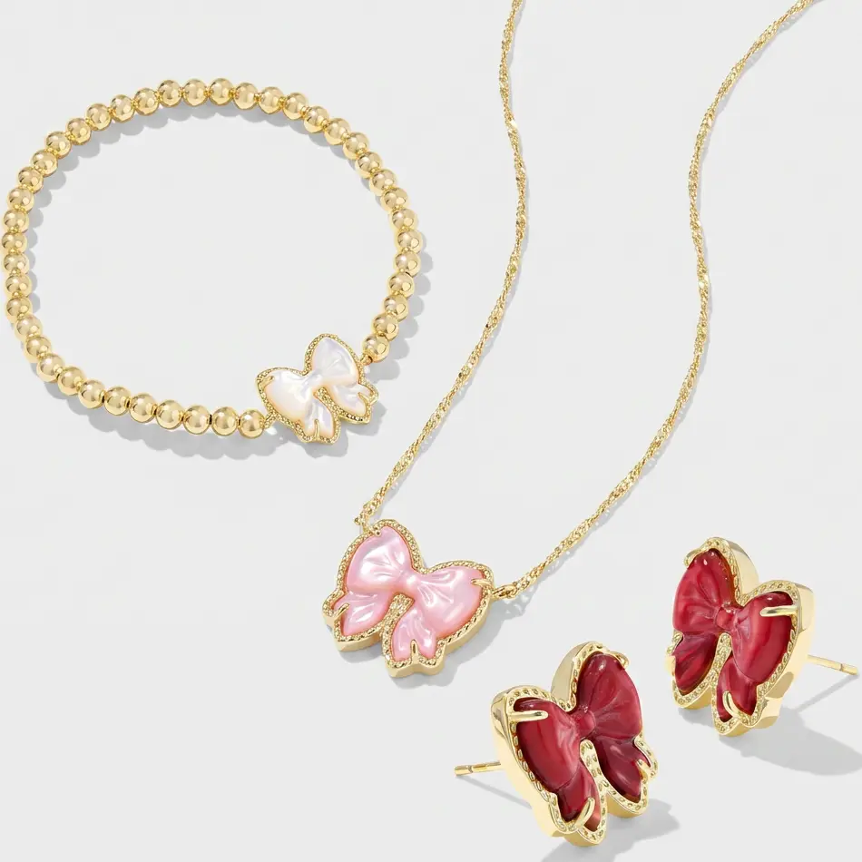Kendra Scott Haley Bow Stud Earrings, Necklace & Bracelet Fashion Jewelry for Women: Features delicate polished bow design, fits daily wear, date looks and gifting, adds elegant playful charm to any outfit.