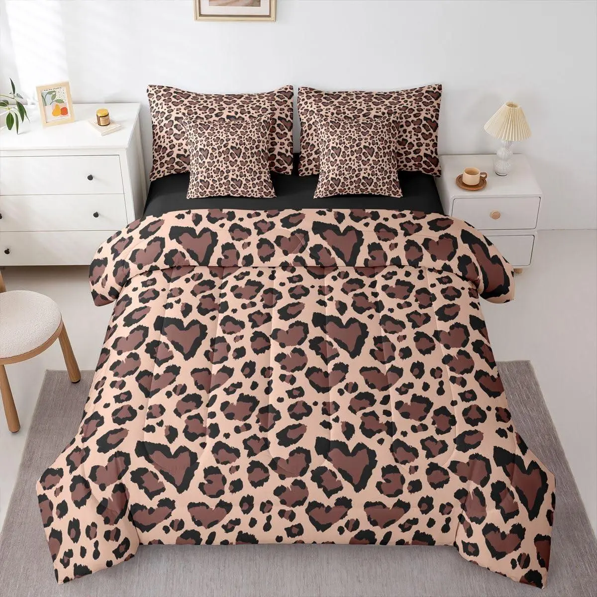 Leopard 7 Piece Bedding Set Kids Cheetah Bed in a Bag for Boys Girls Animal Print Comforter Set with Sheets,Pillowcases & Cushion Cover Safari Room Decor