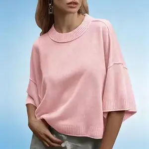 Women's Short Sleeve Cropped Sweater, Summer Oversized Crewneck Lightweight Knit Casual Tops