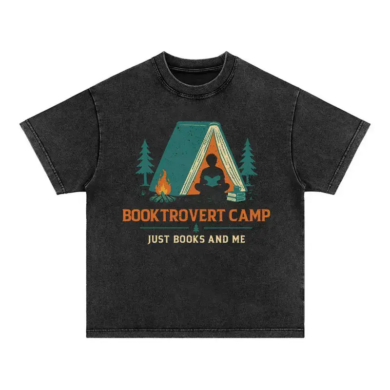Men's Unisex Oversized Acid Wash Vintage Graphic T-Shirt - Booktrovert Camp Print, Heavyweight Cotton, Introvert Book Lover Gift, BookTok Cozy Reading Top