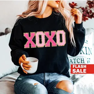 XOXO Valentines Day Sweatshirt, Valentines Day Shirts Women, Valentine Crewneck Sweater, Valentines Day Gift for Her Teachers Pink and White Unisex Womenswear