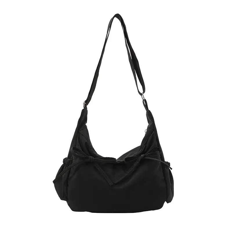 Vintage Nylon Ruched Crossbody Women, Large Capacity Single Shoulder Purse With Bow Decoration Multiple Zippered Compartments, Sturdy Durable Multi-Functional Casual  Ideal  School Commute Daily Life Vacation And Perfect Gift Choice bag for