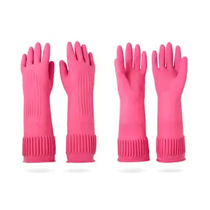 Mamison Reusable Waterproof Household Dishwashing Cleaning Rubber Gloves Non-Slip Kitchen Glove Pink Medium Pack of 2
