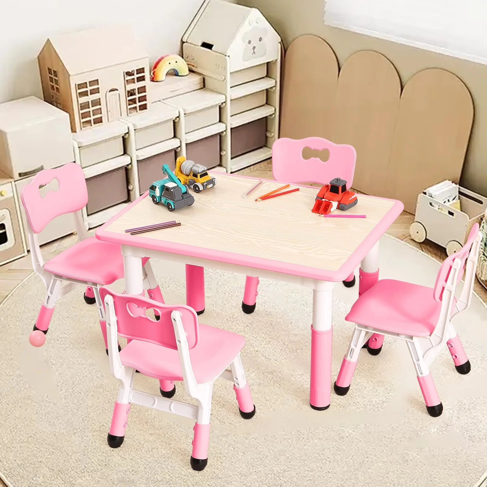 Garvee Adjustable Kids Table and 4 Chair Set, 32-inch Height Toddler Table with Non-Slip Legs and Organizer, Ideal for Preschool Activities, Art, and Craft, Pink
